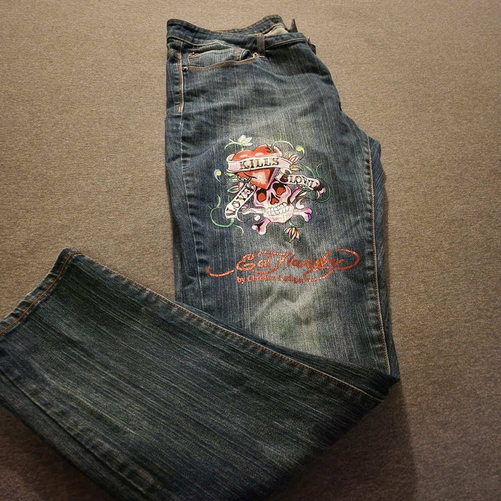 Ed Hardy Blue Jeans with Skull Design
